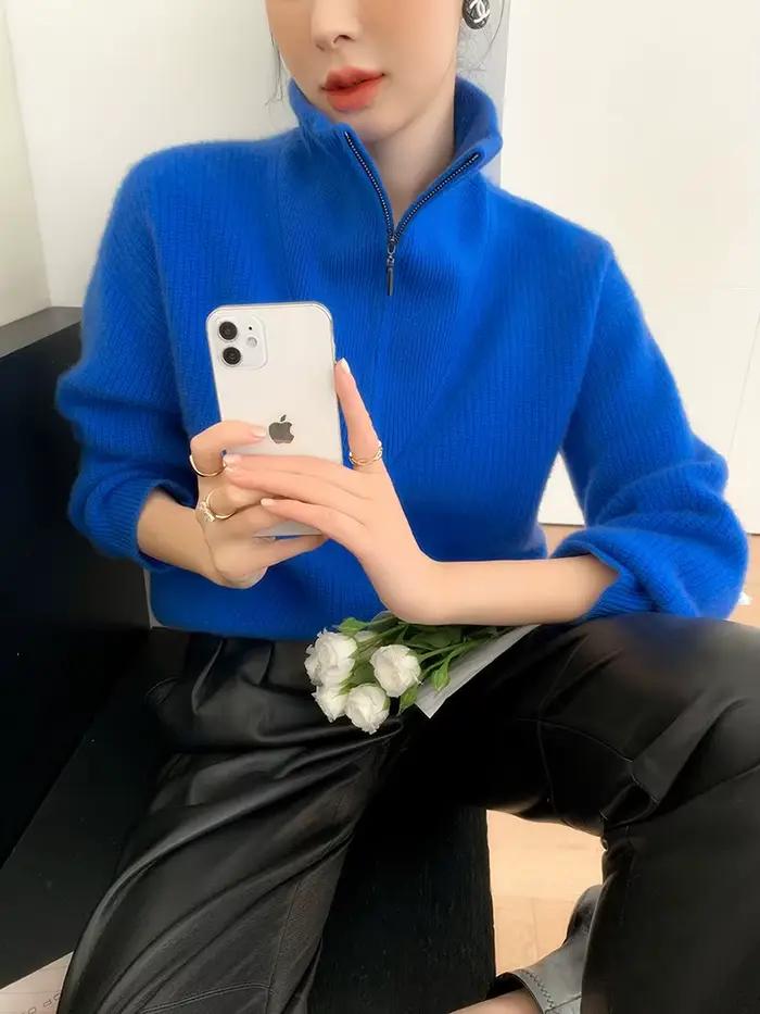 Pull en cachemire pour femmes, avec revers Vertical, demi-fermeture éclair épaisse, coupe paresseuse