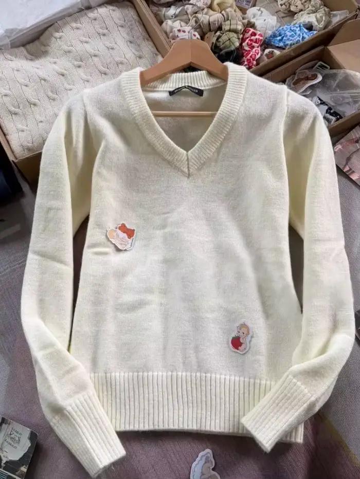 Beige col en v tricoté pull femmes automne hiver décontracté doux à manches longues pull hauts doux 