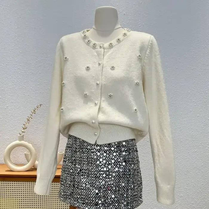 Pull élégant à perles pour femmes, couleur unie, doux, haut en tricot, Cardigan doux, printemps auto