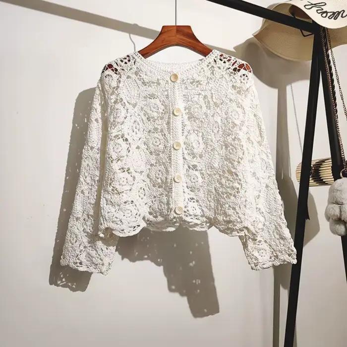 Cardigan en maille ajourée style bohème à manches 3/4 pour femme