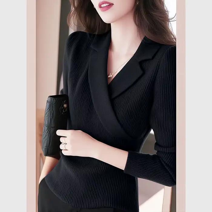 Pull élégant en tricot uni pour femme, col en v, polyvalent, pour le bureau, automne et hiver