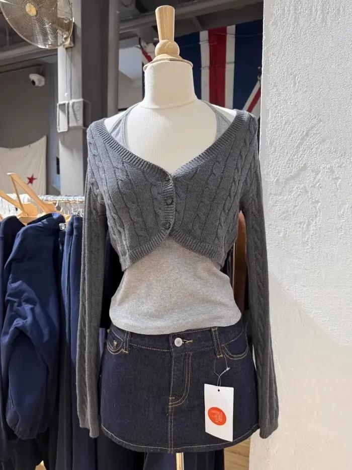 Cardigan court à fleurs torsadées pour femme, col en v, simple boutonnage, manches longues, Slim, ha