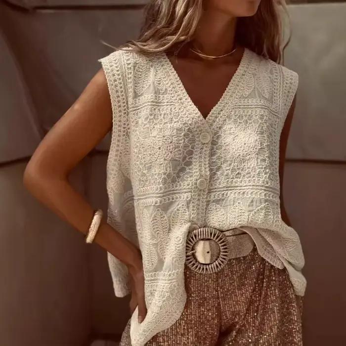 Vintage coton sans manches Crochet gilets vestes pour femmes débardeurs été ample Boho plage couvrir