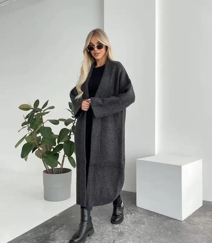 Cardigan en laine pour femme, coupe ample, style rétro, élégant, couleur unie, sans col, tricoté, à 