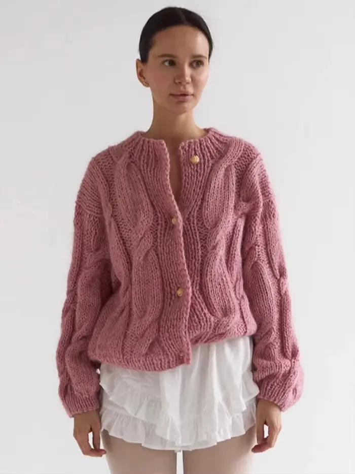 Cardigan en tricot épais et solide avec boutons dorés pour femme, élégant, col rond, manches longues