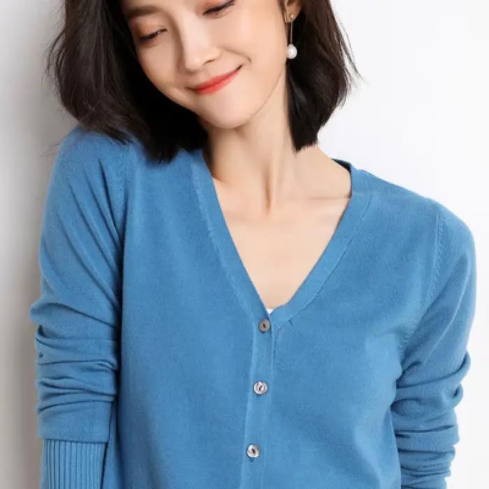 Cardigans femmes 2025 automne simple boutonnage col en v tricoté pull mode court tricots solide bleu