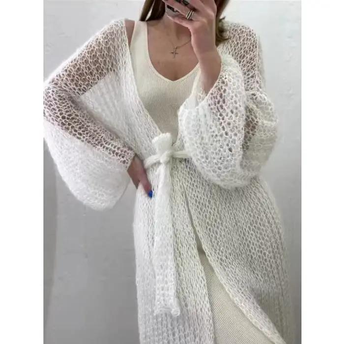 Cardigan tricoté à point ouvert pour femme, pull Long, couleur unie, mode, poche avant, manteau ampl