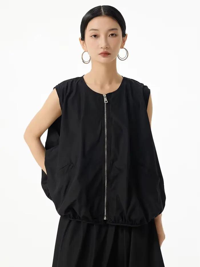 [EAM] Nouveau Gilet Décontracté Noir Uni Grande Taille pour Femme, Col Rond Sans Manches, Tendance P