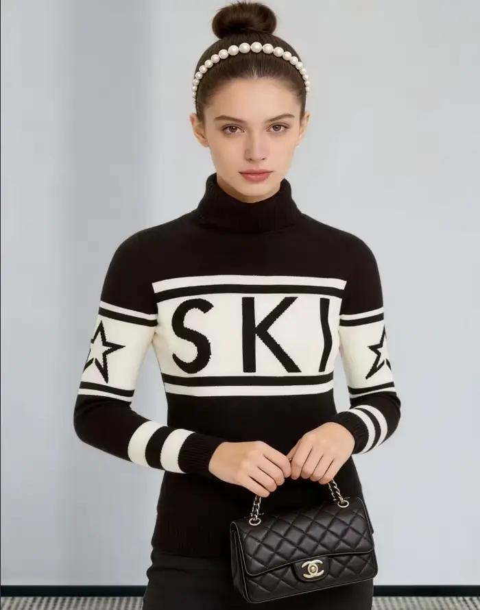 Pull-over tricoté pour femme à col montant, imprimé lettres, color block, coupe ajustée, manches lon