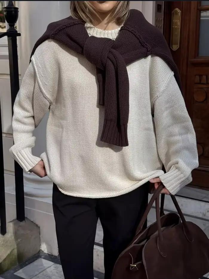 Vintage marron femmes pull élégant col rond tricoté tout Match basique plus chaud femme pulls 2025 a