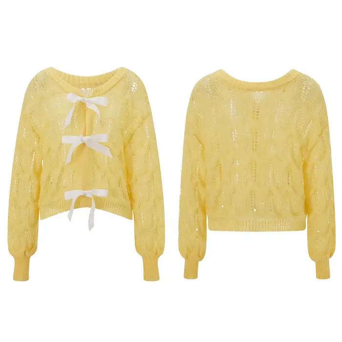 Puloru-Pull en tricot évidé à manches longues pour femmes, pull à col rond, tricot chaud, nœud dans 