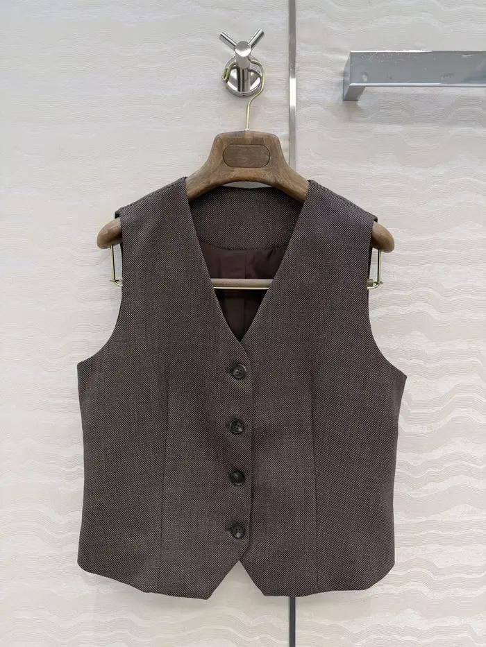 Gilet marron à col en V et simple boutonnage pour femme, coupe ajustée, décontracté, pour le bureau