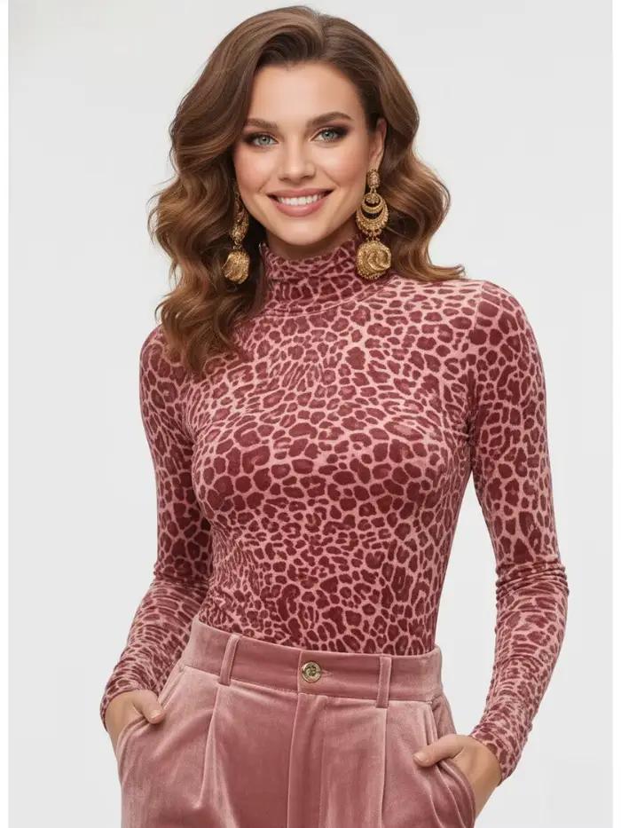 Haut à col roulé rose imprimé léopard Bonboho pour femme – Coupe ajustée, style bodycon, idéal pour 