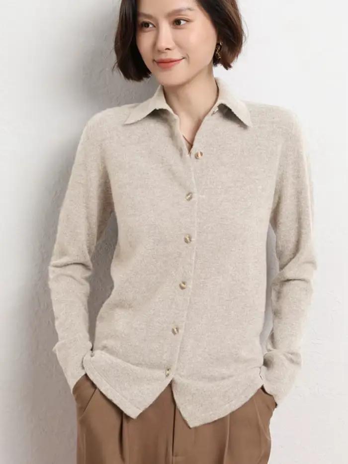 Pull en laine mérinos pour femmes, col Polo, Cardigan sur mesure, automne hiver, cachemire, tricot d