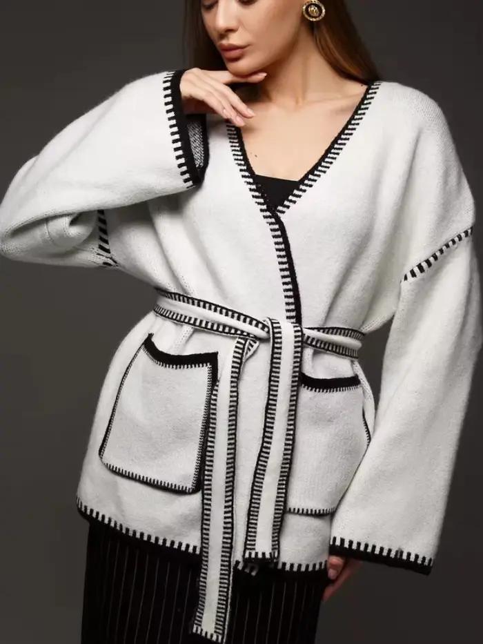 Pull à lacets pour femmes, col en v, manches longues, poches, Cardigans amples, élégant, quotidien, 