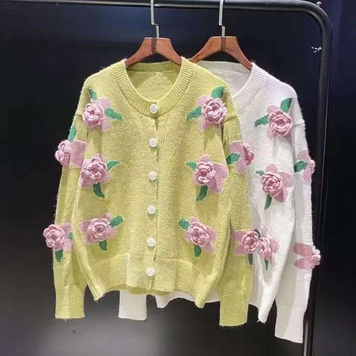 Cardigan en tricot à col rond pour femme, pull à fleurs, automne/hiver
