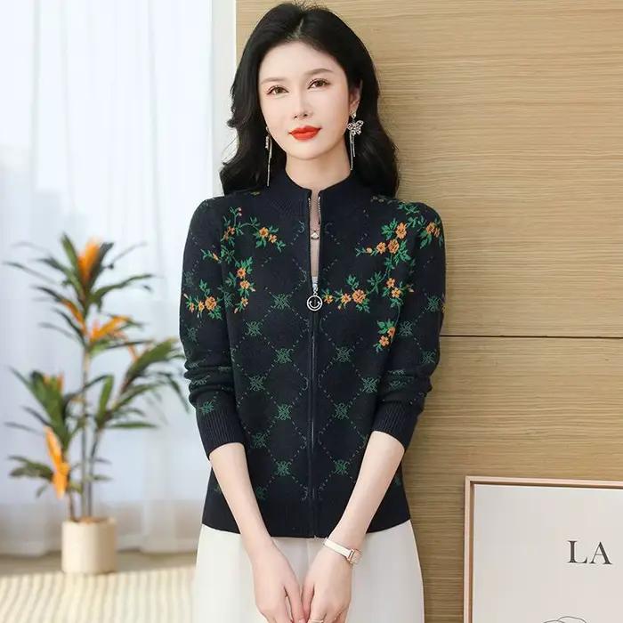 Cardigan pour femmes fermeture éclair court tricots femme vêtements nouveau imprimé Vintage dames pu