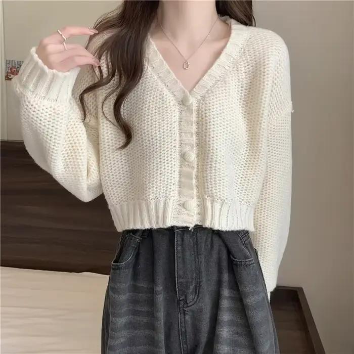 Cardigan à col en V pour femme, pull boutonné, manteau doux, décontracté, automne, hiver, 2024, 107