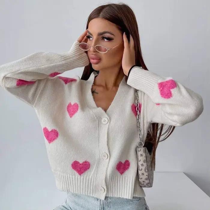 Cardigan à manches longues en forme de cœur brodé pour femmes, veste pull ample et décontractée en t