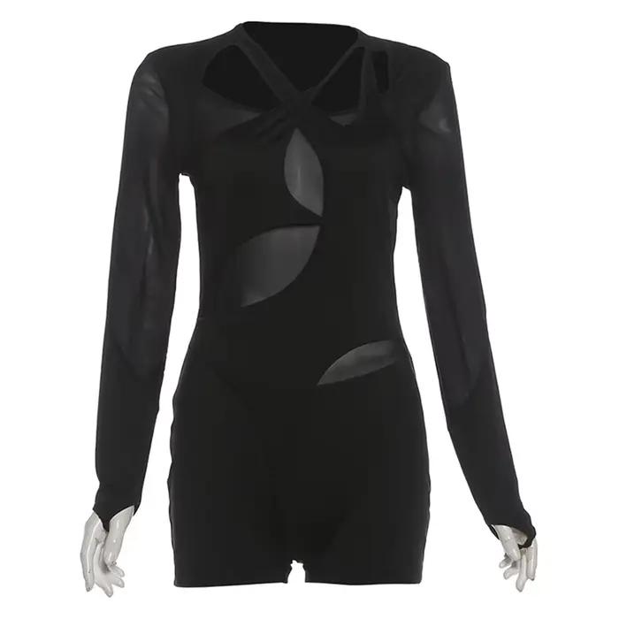 2025 automne et hiver nouvelle mode femme couleur unie Sexy maille Perspective creux Slim Fit combin