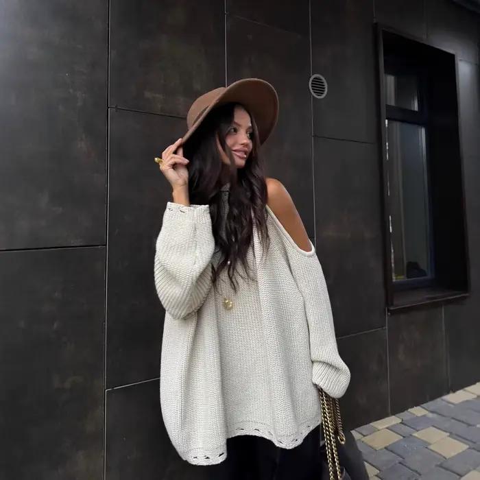 Pull à épaules dénudées de couleur unie, vêtements pour femmes, confortable, ample, col rond, manche