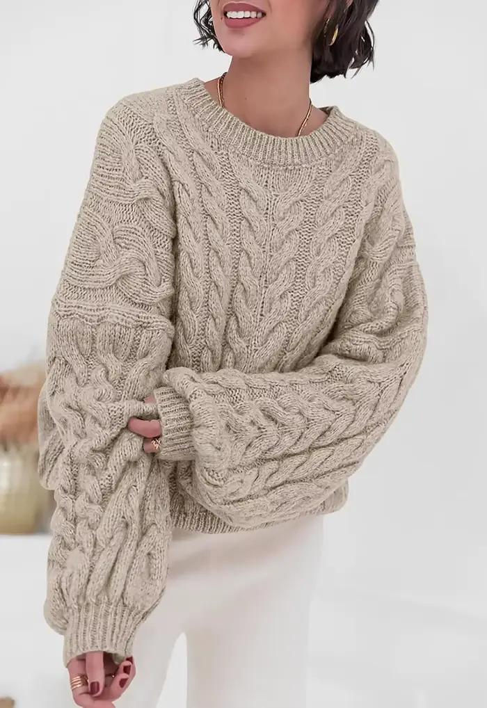 Pull automne hiver nouveau déplacement aiguille épaisse chanvre fleur pull ample col rond à manches 