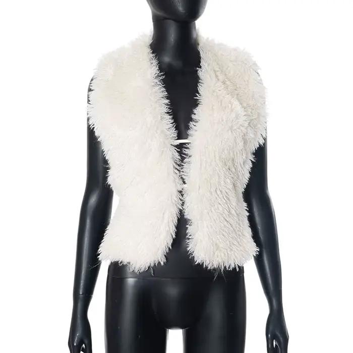 Gilets en fausse fourrure moelleux pour femmes, col en V profond, dos nu, haut bandage, vestes en fi