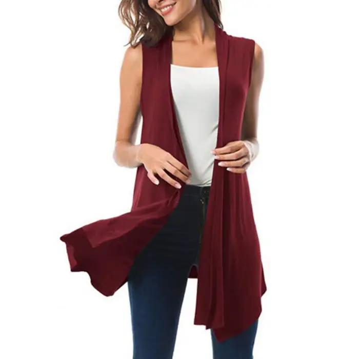 Femmes Cardigan gilet couleur unie sans manches débardeur ouvert sur le devant drapé mi-long ourlet 