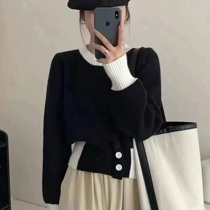 Pull en tricot pour femmes, cravate à la taille, bloc de couleurs, col rond, Design de boutons, couc