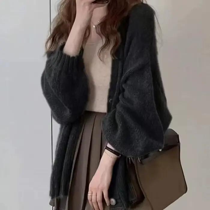 Cardigan tricoté en mohair pour femmes, veste ample et fine à manches mi-longues, style paresseux, h