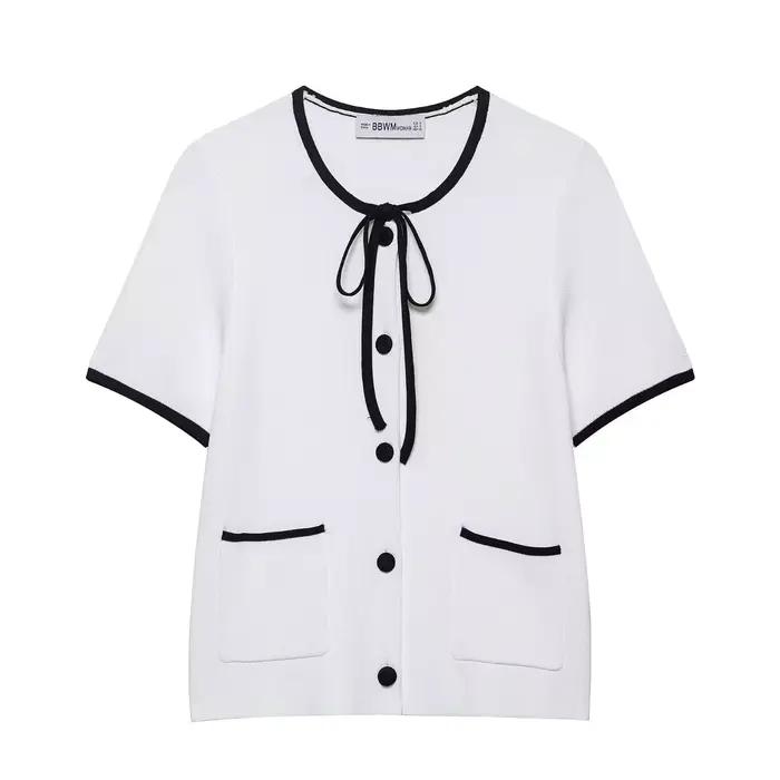HH femmes mode pull hauts blanc col rond manches courtes poches nœud à lacets simple boutonnage femm