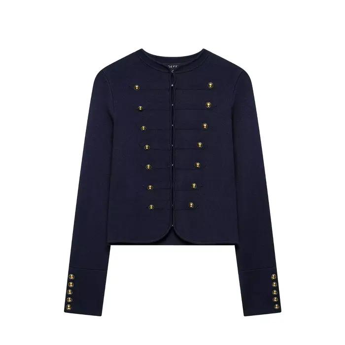 HH Cardigan court élégant pour femme en maille militaire avec boutons dorés, pour le printemps et l'