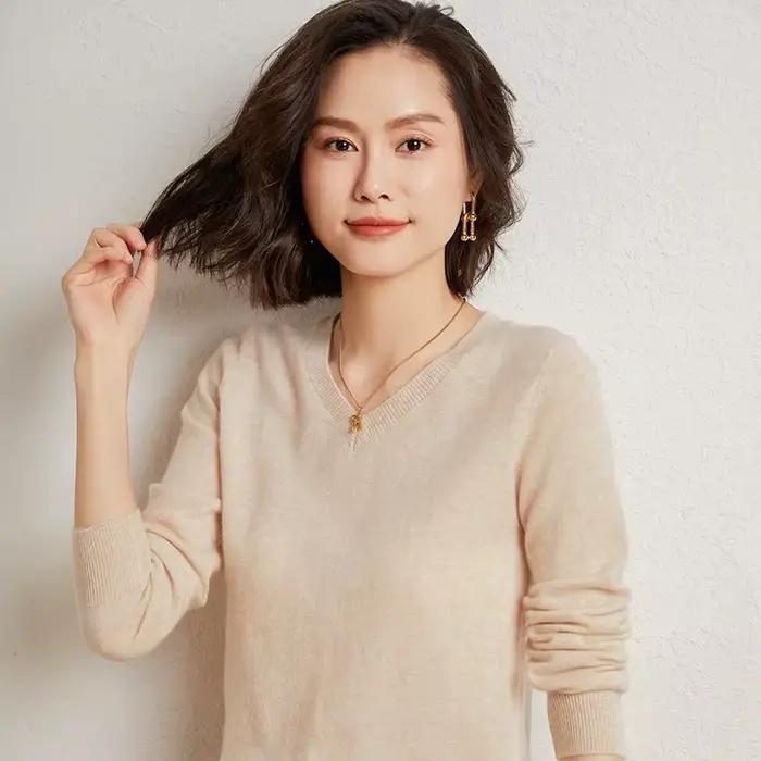 Pull femme col en v manches longues 100% pur cachemire automne hiver chaud doux tricot pull nouveau 