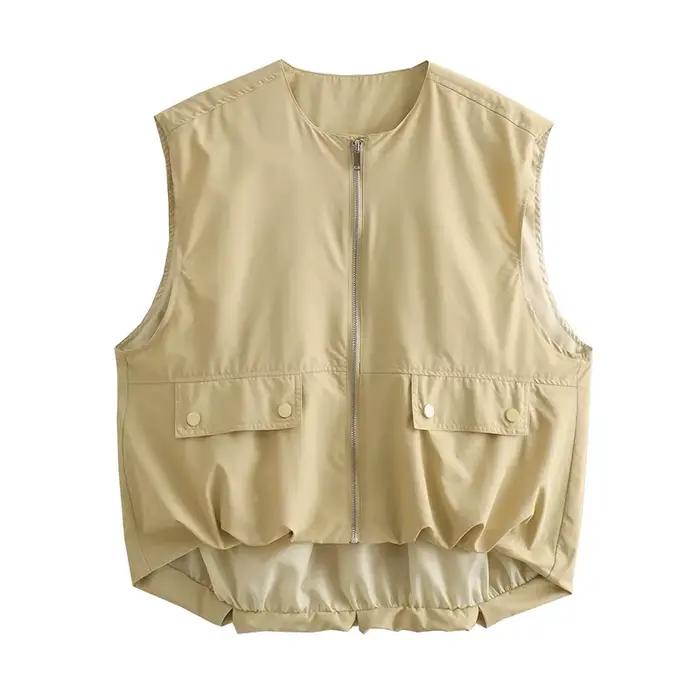 Gilet court pour femmes, gilet à fermeture éclair, sans manches, manteaux amples, Chic, hauts plissé