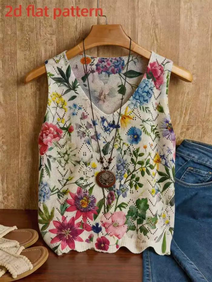 Nouveau Gilet Pull-over Col V pour Femme, Motif Plat 2D, Imprimé Numérique Floral, Tendance Mode Pri