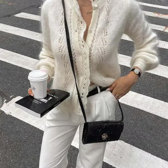Talenza blanc femmes Cardigan mode dentelle évider décontracté surdimensionné printemps chandails Ch