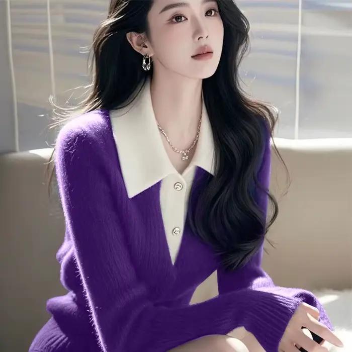 Faux pull deux pièces en tricot violet pour femmes, tendance, Unique, beau Style paresseux, automne 