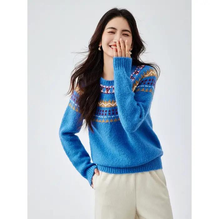 Pull en maille jacquard vintage bleu VIMLY pour femme, col rond, hiver 2026, épais et oversize, idéa