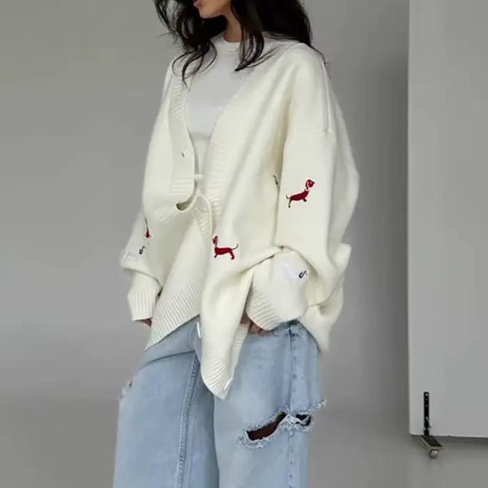 Teckel brodé pull Cardigan ample col en v à manches longues veste à la mode nouveaux vêtements pour 