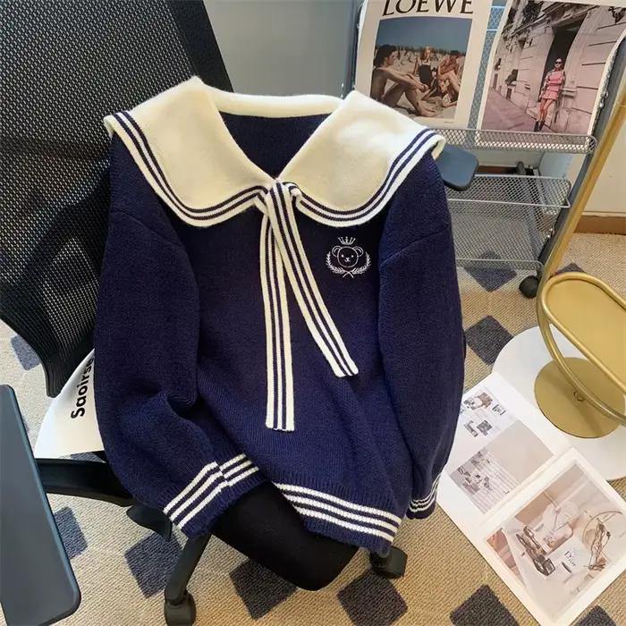 Nouveau Pull Brodé Ours Japonais Mignon 2025 pour Femme, Style Preppy, Col Marin, Tricot Ample Décon