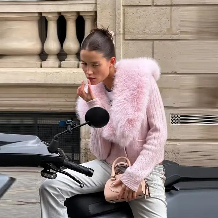 Cardigan en tricot à col en fourrure rose pour femmes, mode, simple boutonnage, manches longues, pul
