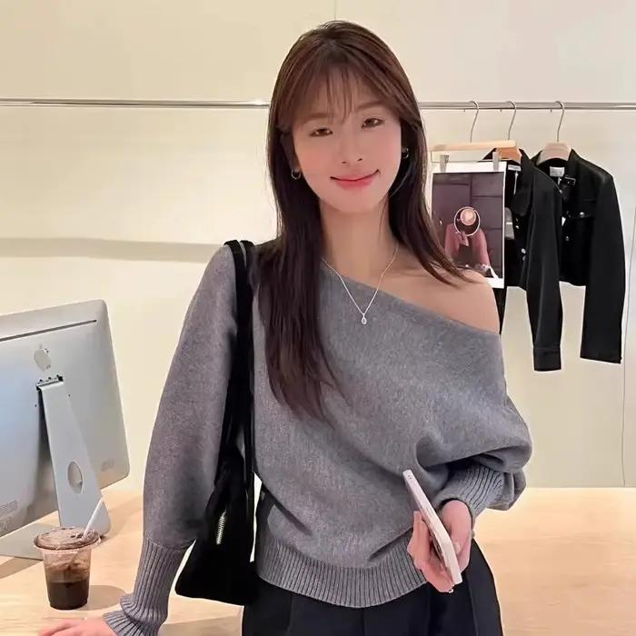 Batwing – Pull tricoté à manches longues pour femme, haut à épaules dénudées, épais, mode coréenne, 