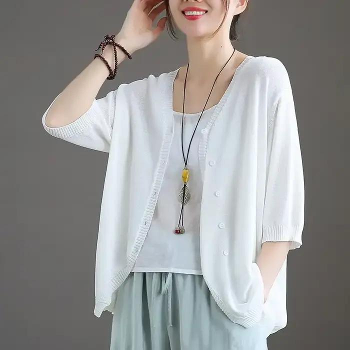 Pull tricoté femme vêtements d'extérieur col en V été mince solide Cardigan pour les femmes 2025 ten