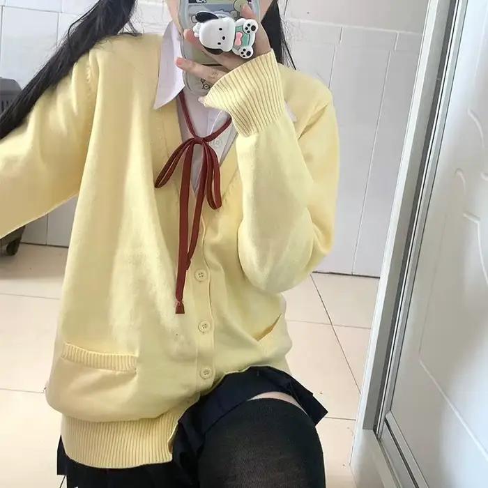 Pull Uniforme Jaune Anime pour Femme, Cardigan Triblockchain Japonais, Veste de Style Collège, Haut 