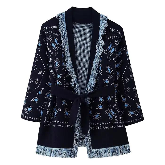 Cardigan ouvert en tricot à franges avec ceinture, châle d'épaule, style rétro, manches longues, col