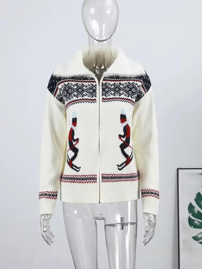 Cardigan en tricot jacquard à revers pour femme, col rabattu sportif, manches longues, tricot ample 