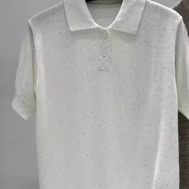 Pull en tricot fin pour femme à col rabattu et manches courtes, orné de sequins, disponible en 2 cou