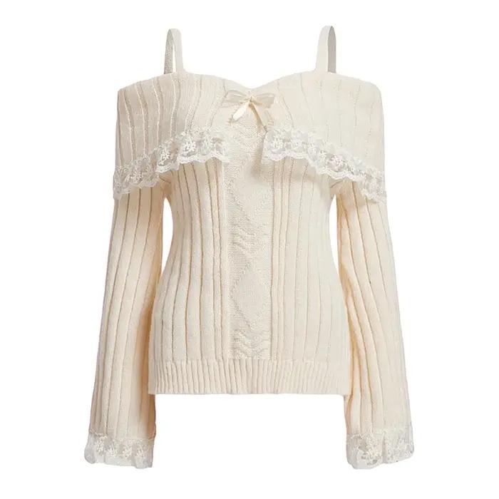 Pulls à épaules dénudées pour femmes, manches longues, dentelle contrastée, tricot, nœud sur le deva