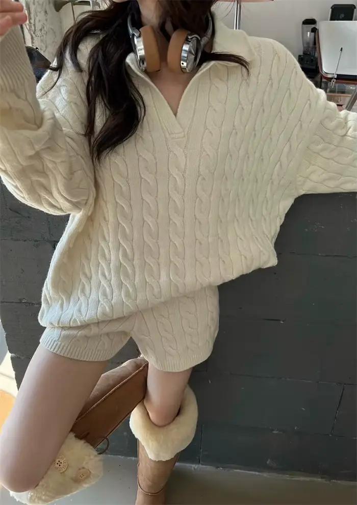 Pull à col polo de style paresseux pour femme, ensemble de shorts polyvalents, pull amincissant à ma
