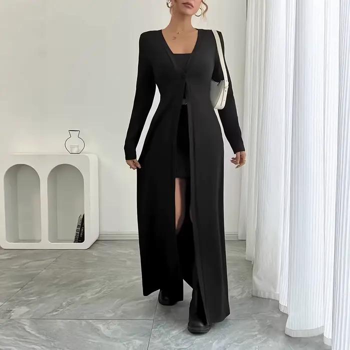 Cardigan noir tricoté polyvalent à col en V et à un seul bouton, coupe ajustée et amincissante, long